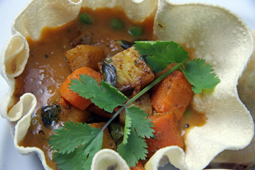 Root vegetaable masala in a papad bowl
